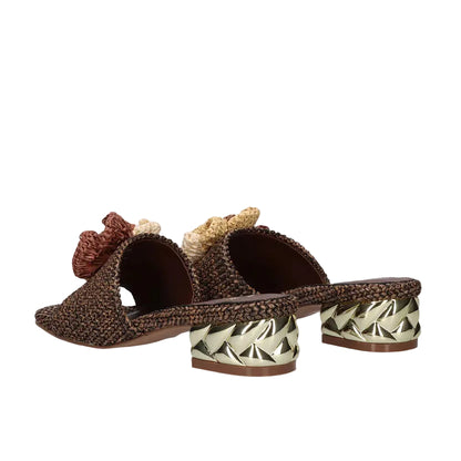 EXE Katy 401 brown raffia slide sandals for women with decorative detail and metallic block heel