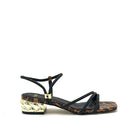EXE Katy-485 crystal-embellished strappy sandal in leopard print with black rhinestone straps and sculptural gold chain-link block heel