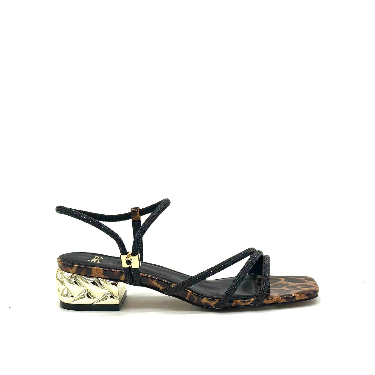 EXE Katy-485 crystal-embellished strappy sandal in leopard print with black rhinestone straps and sculptural gold chain-link block heel