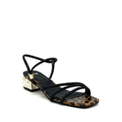 EXE Katy-485 crystal-embellished strappy sandal in leopard print with black rhinestone straps and sculptural gold chain-link block heel
