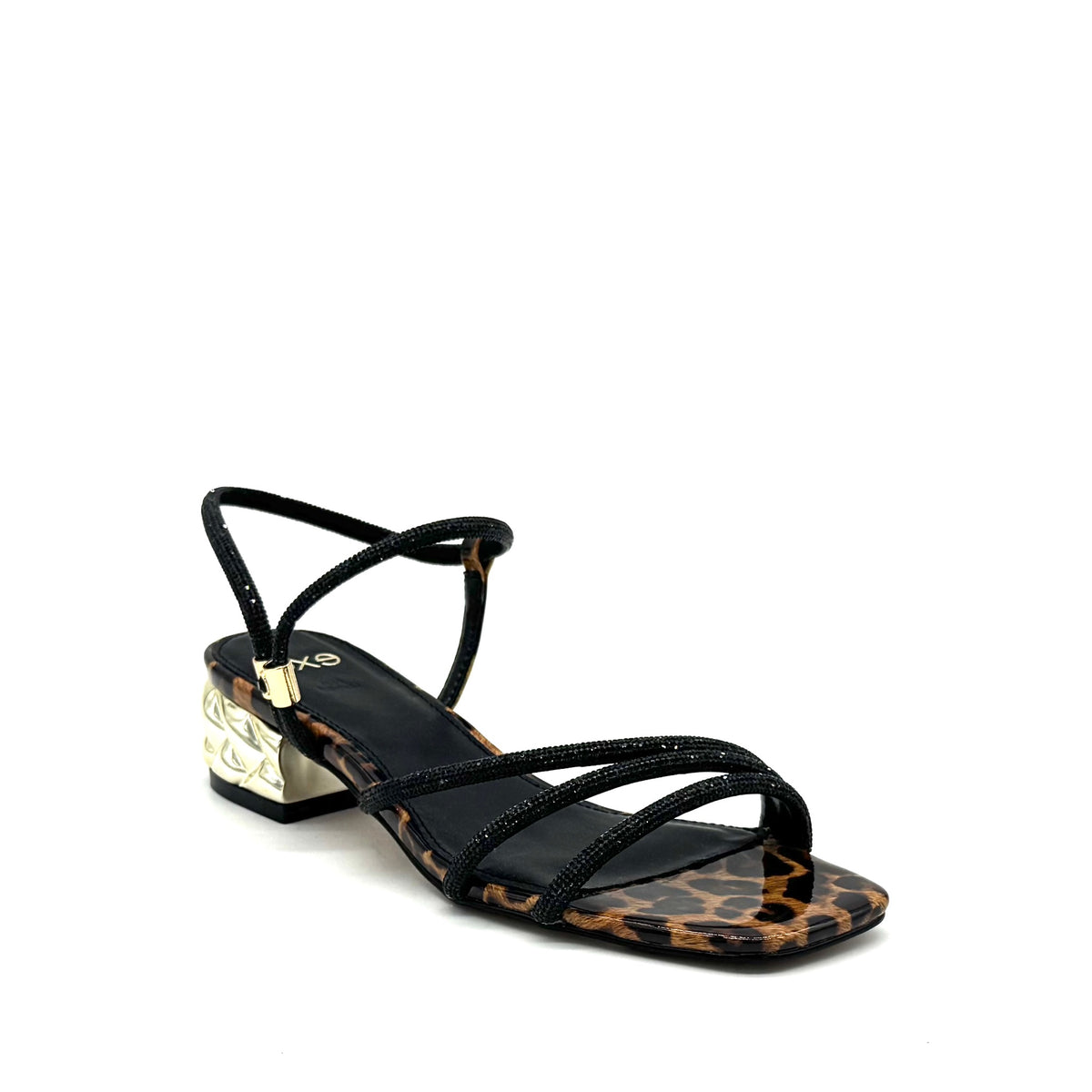 EXE Katy-485 crystal-embellished strappy sandal in leopard print with black rhinestone straps and sculptural gold chain-link block heel