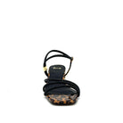 EXE Katy-485 crystal-embellished strappy sandal in leopard print with black rhinestone straps and sculptural gold chain-link block heel