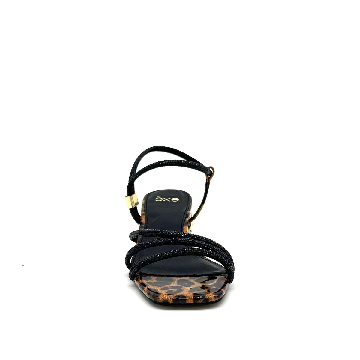 EXE Katy-485 crystal-embellished strappy sandal in leopard print with black rhinestone straps and sculptural gold chain-link block heel