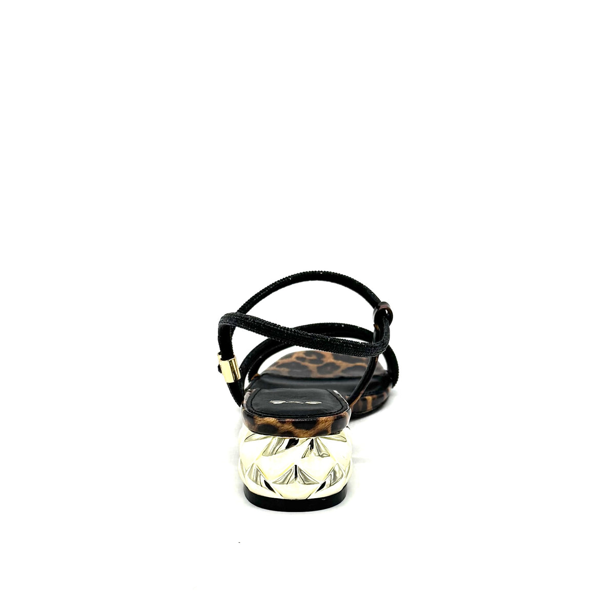 EXE Katy-485 crystal-embellished strappy sandal in leopard print with black rhinestone straps and sculptural gold chain-link block heel