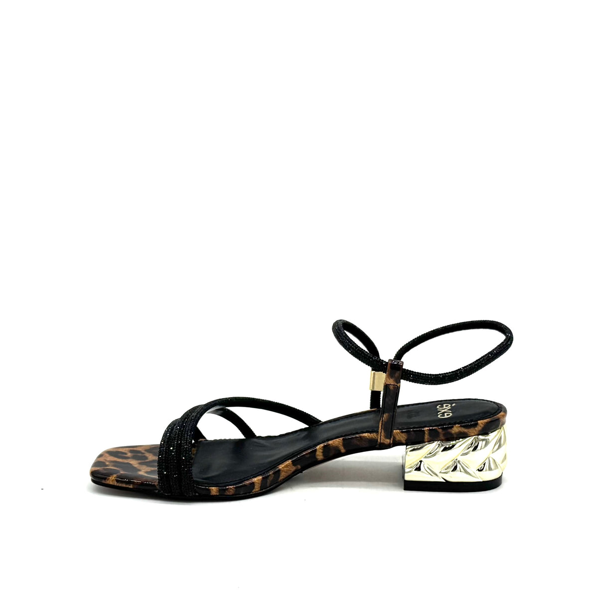 EXE Katy-485 crystal-embellished strappy sandal in leopard print with black rhinestone straps and sculptural gold chain-link block heel