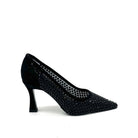 EXE Lamina-255 crystal-embellished mesh pointed toe pump in black with sculptural flared heel