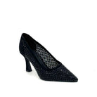 EXE Lamina-255 crystal-embellished mesh pointed toe pump in black with sculptural flared heel