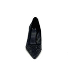 EXE Lamina-255 crystal-embellished mesh pointed toe pump in black with sculptural flared heel