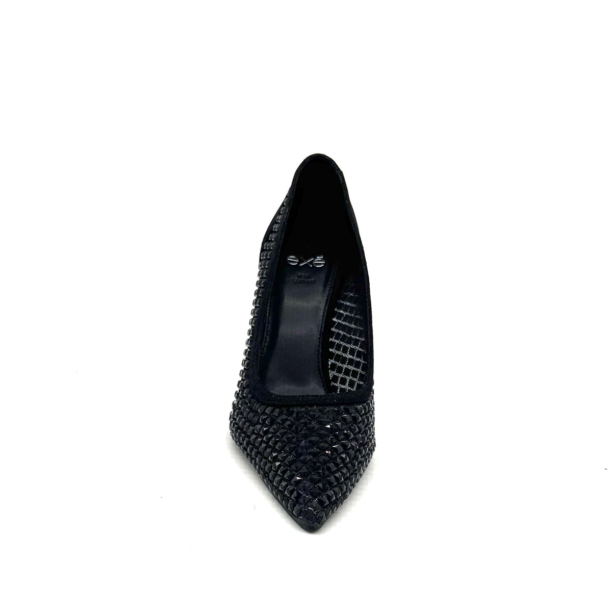 EXE Lamina-255 crystal-embellished mesh pointed toe pump in black with sculptural flared heel