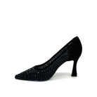 EXE Lamina-255 crystal-embellished mesh pointed toe pump in black with sculptural flared heel