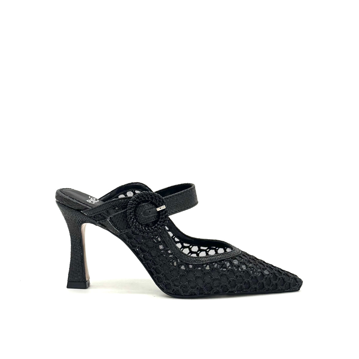 EXE Lamina-290 honeycomb mesh pointed toe mule in black with oversized woven buckle strap and sculptural flared heel