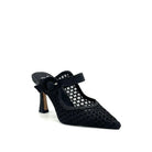 EXE Lamina-290 honeycomb mesh pointed toe mule in black with oversized woven buckle strap and sculptural flared heel