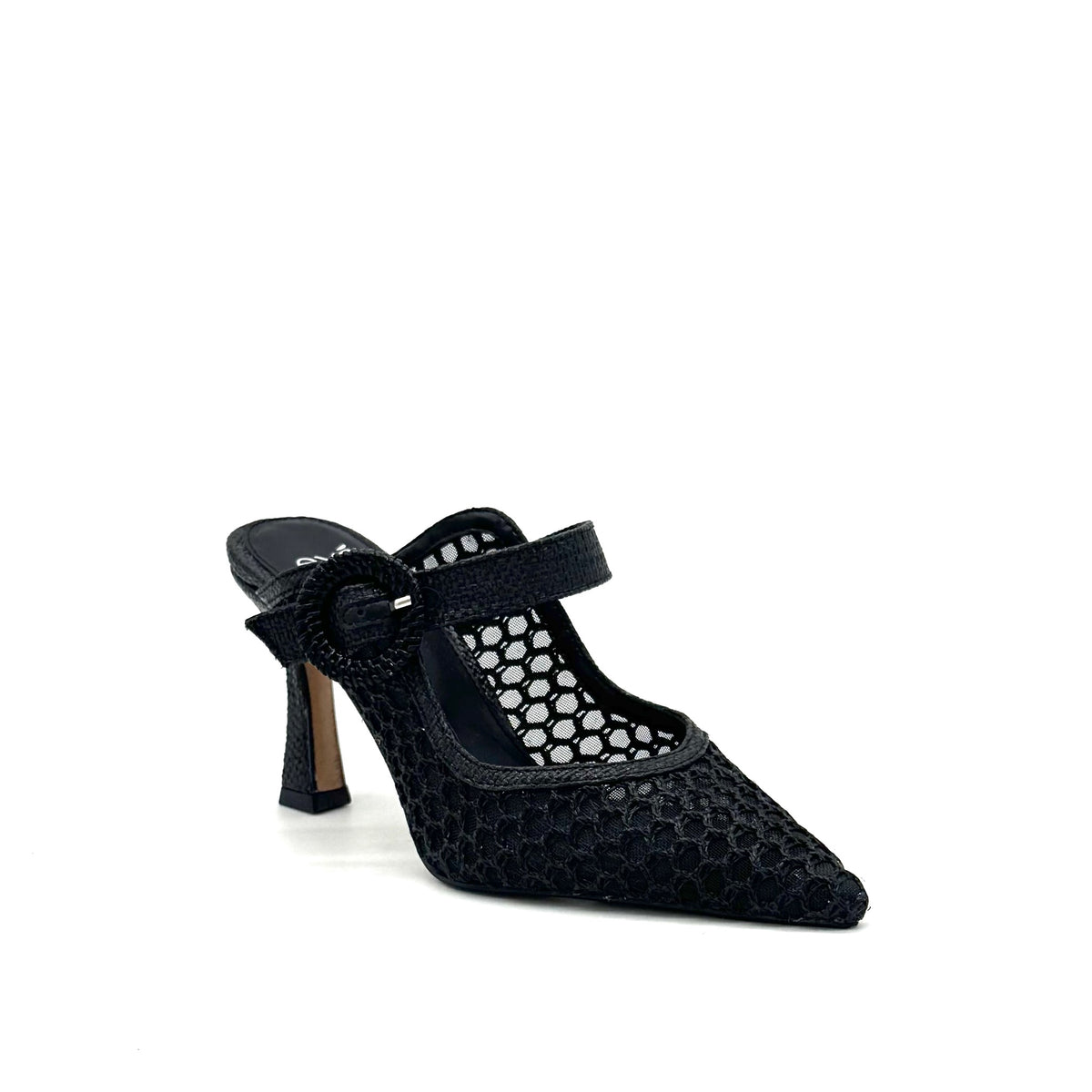 EXE Lamina-290 honeycomb mesh pointed toe mule in black with oversized woven buckle strap and sculptural flared heel