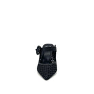 EXE Lamina-290 honeycomb mesh pointed toe mule in black with oversized woven buckle strap and sculptural flared heel