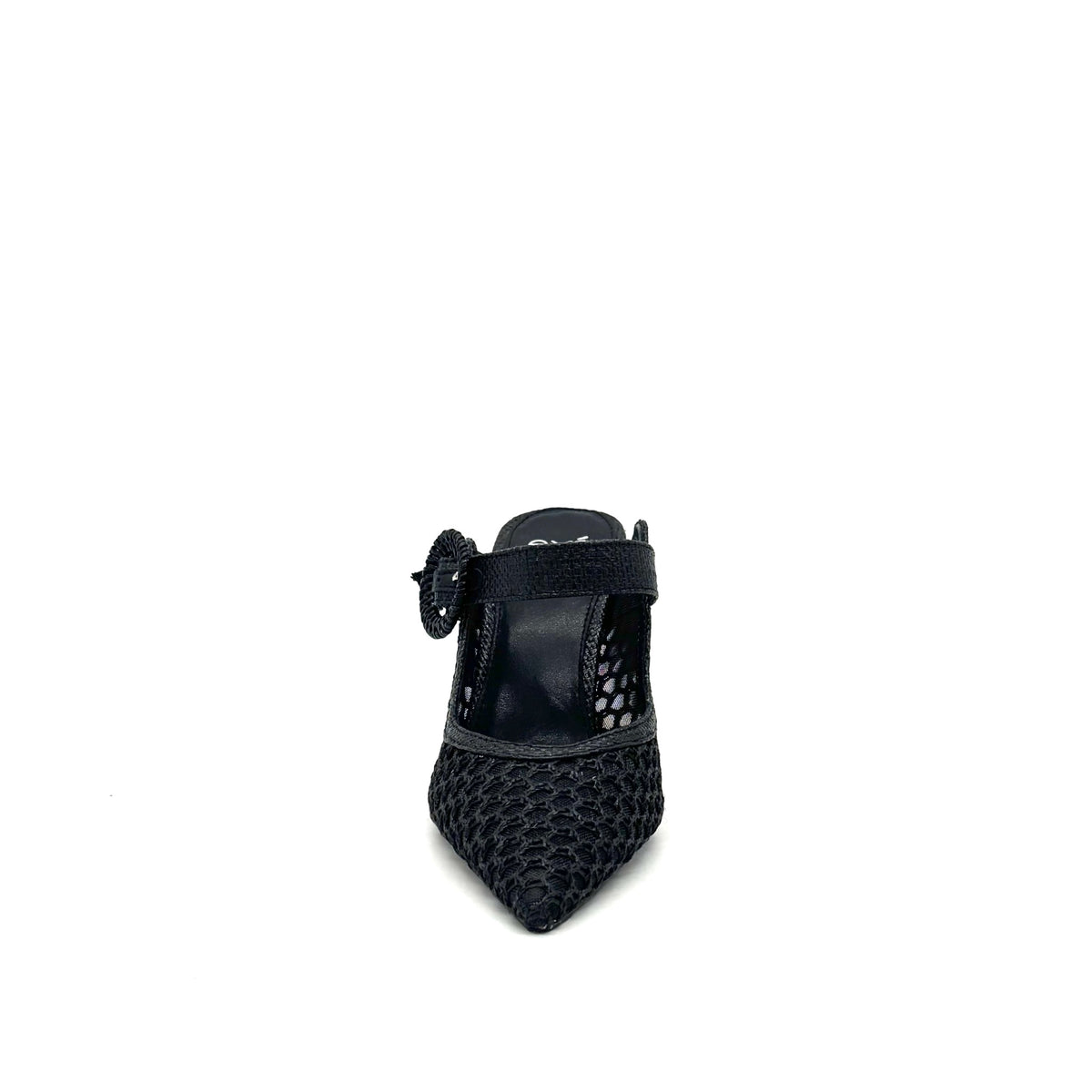 EXE Lamina-290 honeycomb mesh pointed toe mule in black with oversized woven buckle strap and sculptural flared heel