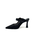EXE Lamina-290 honeycomb mesh pointed toe mule in black with oversized woven buckle strap and sculptural flared heel