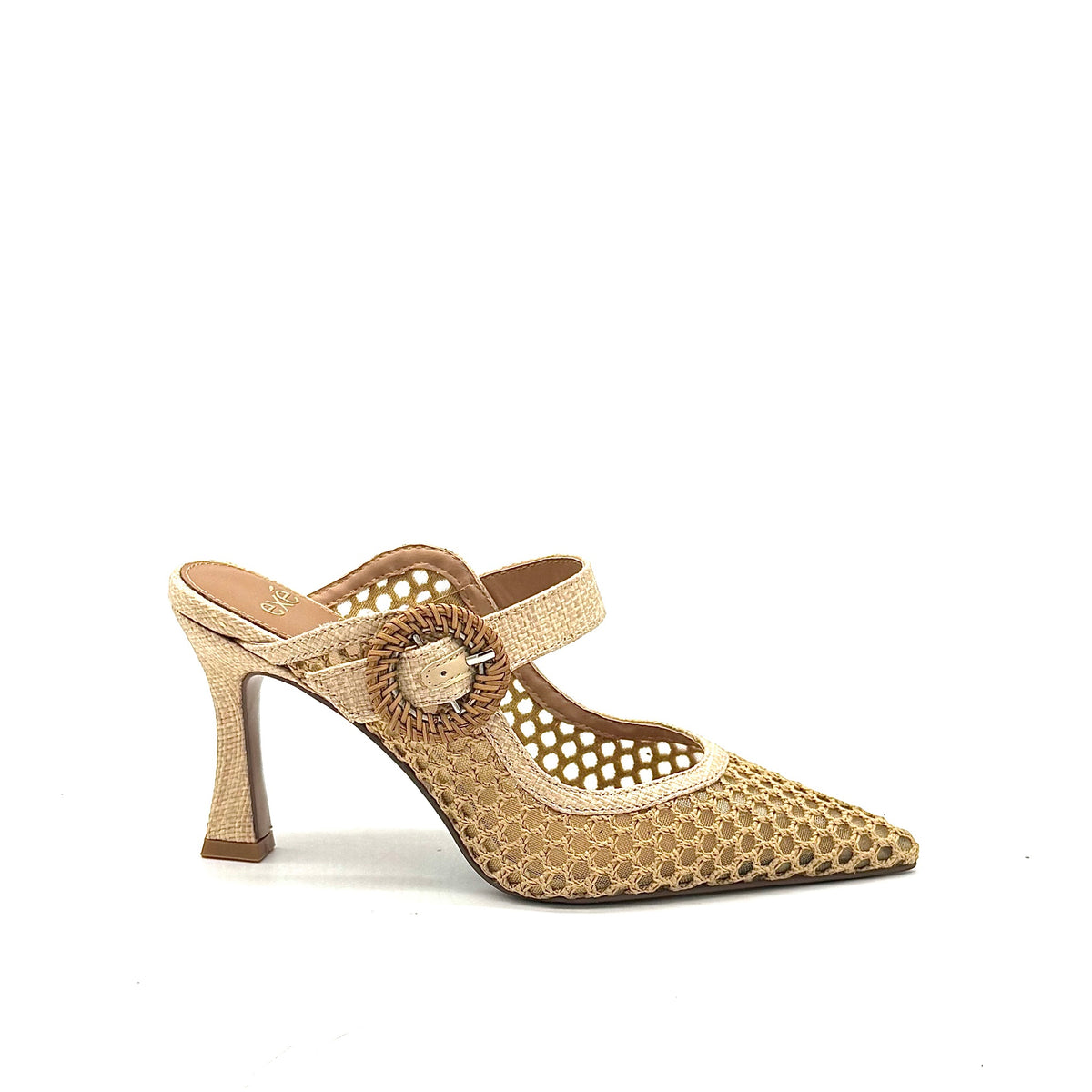 EXE Lamina-290 honeycomb mesh pointed toe mule in natural beige with oversized woven buckle strap and sculptural flared heel