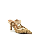 EXE Lamina-290 honeycomb mesh pointed toe mule in natural beige with oversized woven buckle strap and sculptural flared heel