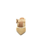 EXE Lamina-290 honeycomb mesh pointed toe mule in natural beige with oversized woven buckle strap and sculptural flared heel