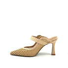 EXE Lamina-290 honeycomb mesh pointed toe mule in natural beige with oversized woven buckle strap and sculptural flared heel