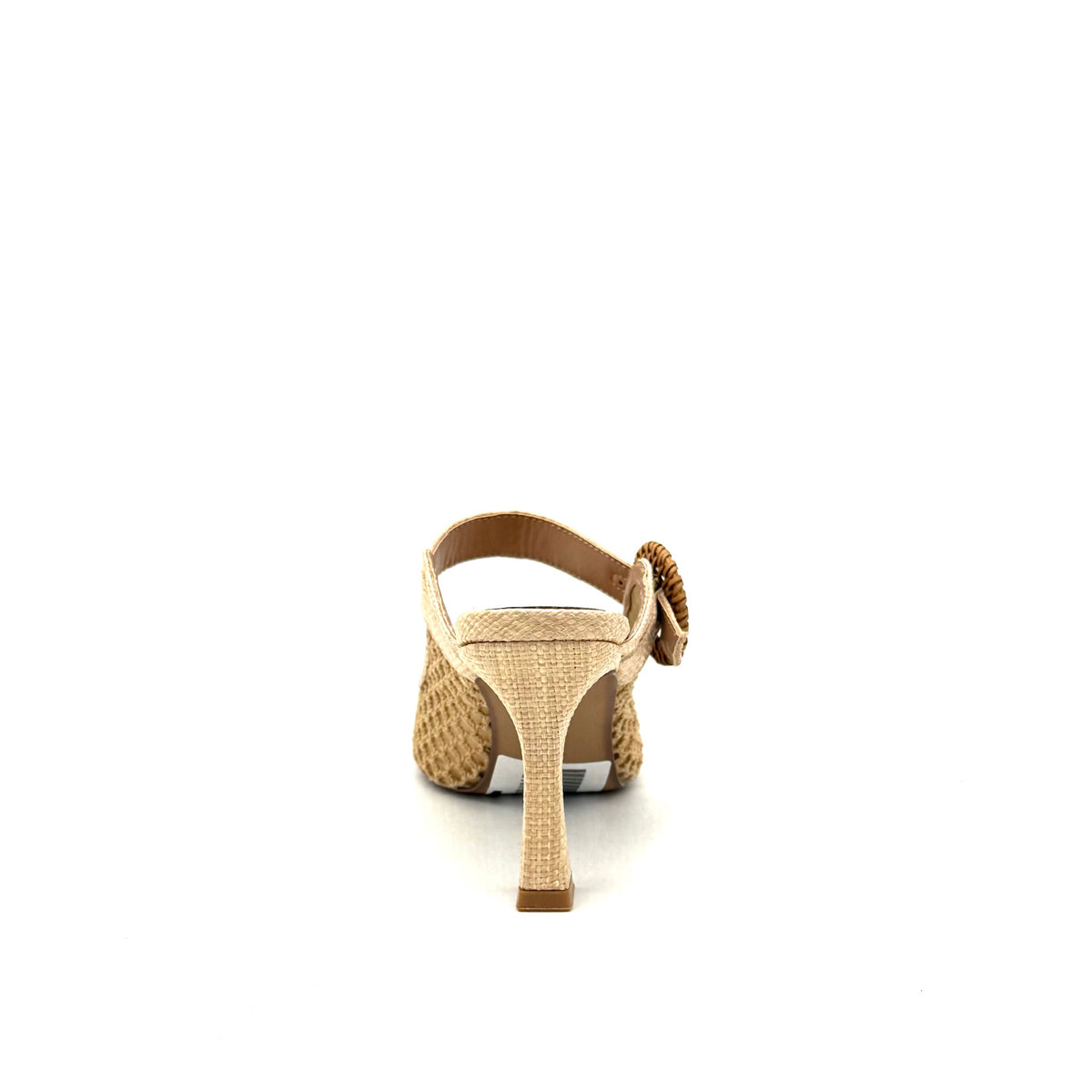 EXE Lamina-290 honeycomb mesh pointed toe mule in natural beige with oversized woven buckle strap and sculptural flared heel