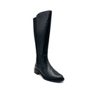 EXE Laura-2412 genuine leather knee-high riding boot in black with elastic back panel, angled view