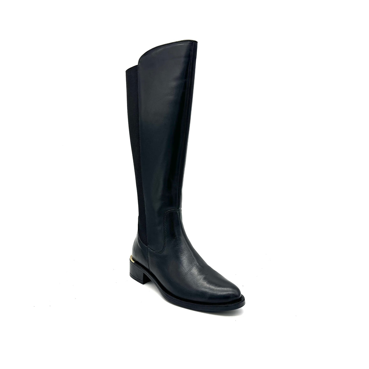 EXE Laura-2412 genuine leather knee-high riding boot in black with elastic back panel, angled view