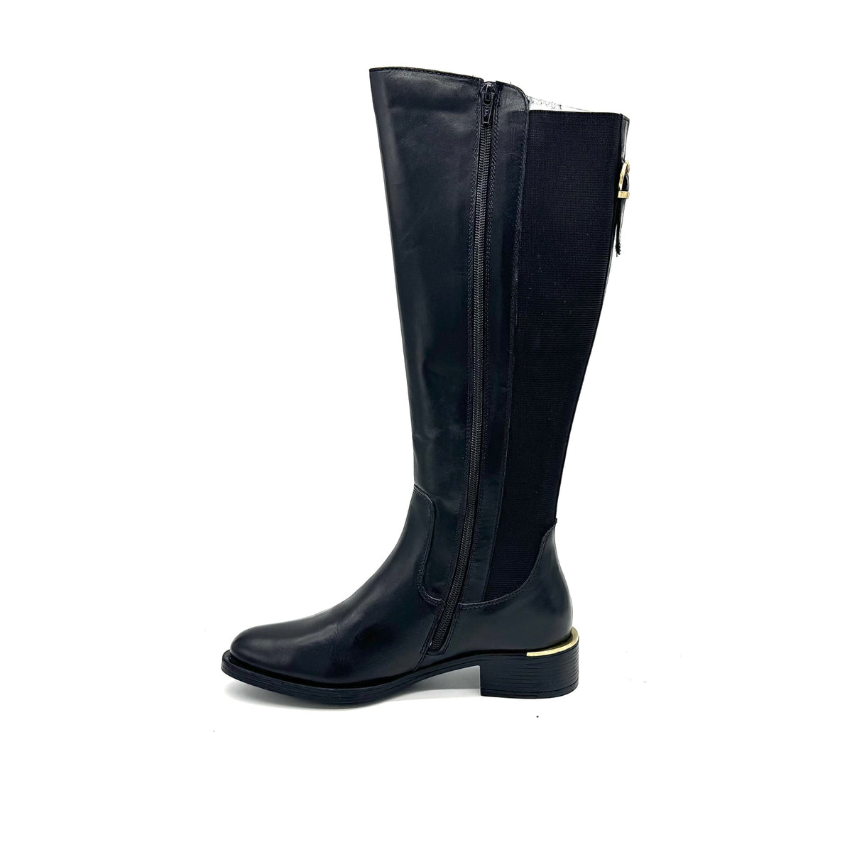 EXE Laura-2412 genuine leather knee-high riding boot in black with elastic back panel, inner side view with side zip