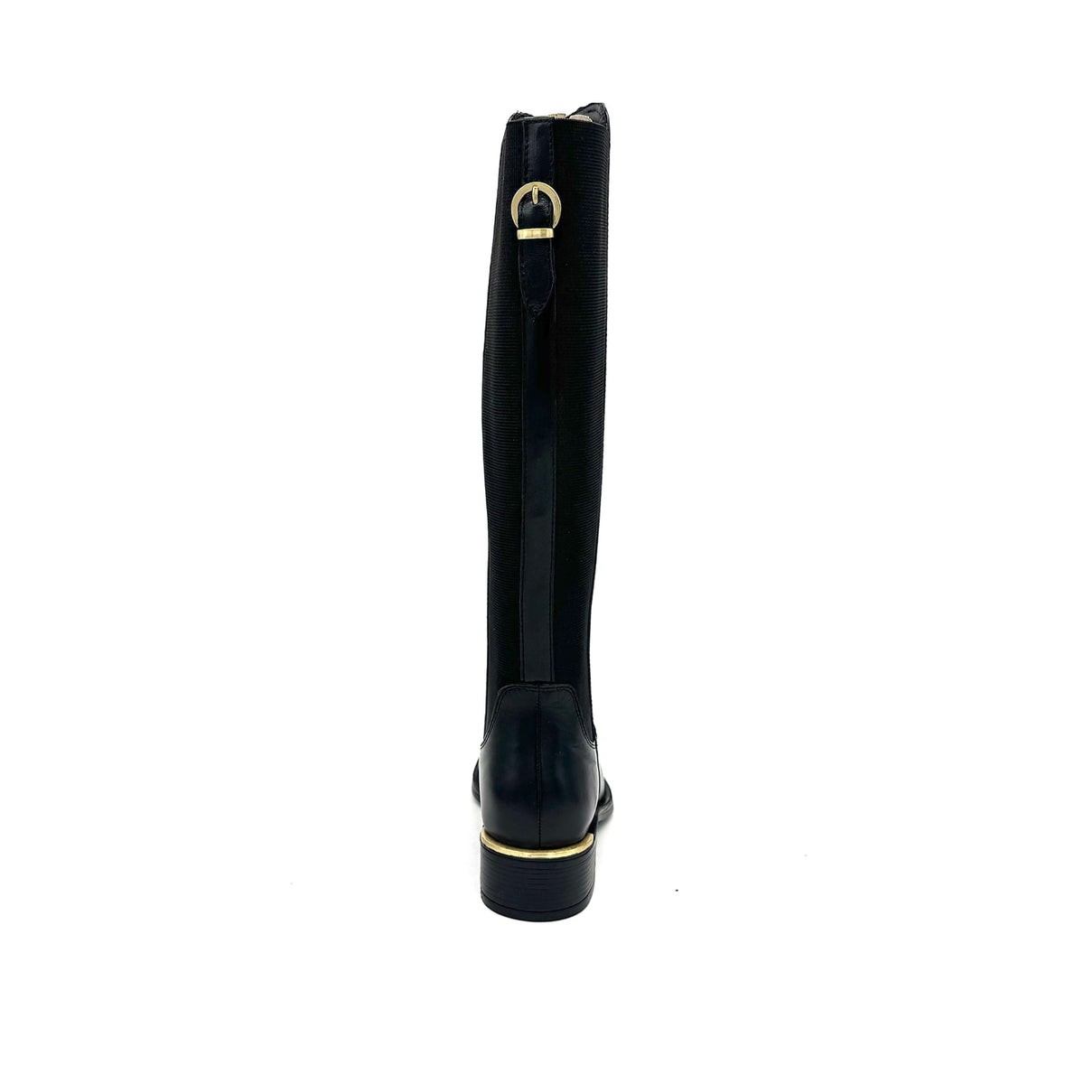 EXE Laura-2412 genuine leather knee-high riding boot in black with elastic back panel, rear view