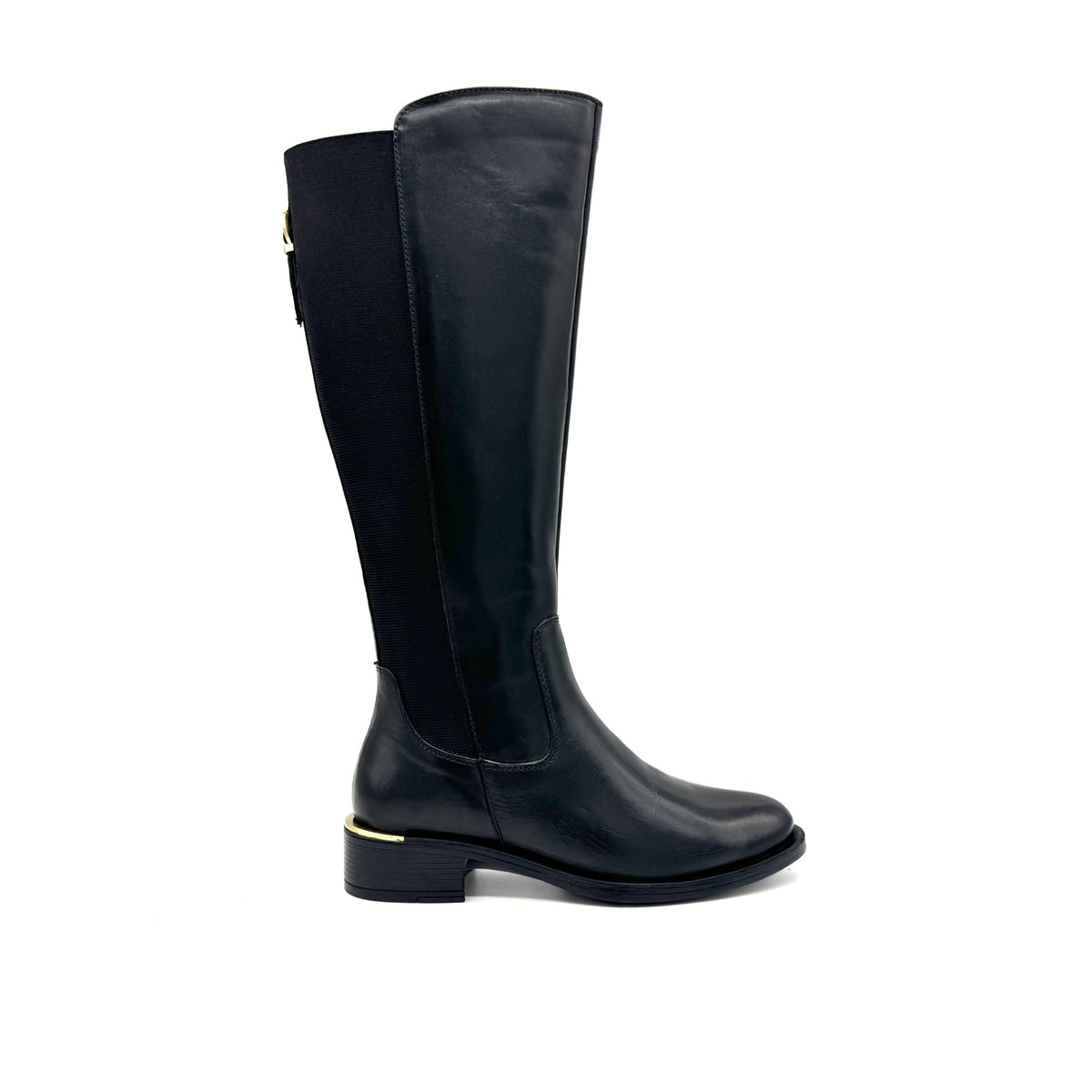 EXE Laura-2412 genuine leather knee-high riding boot in black with elastic back panel, side view