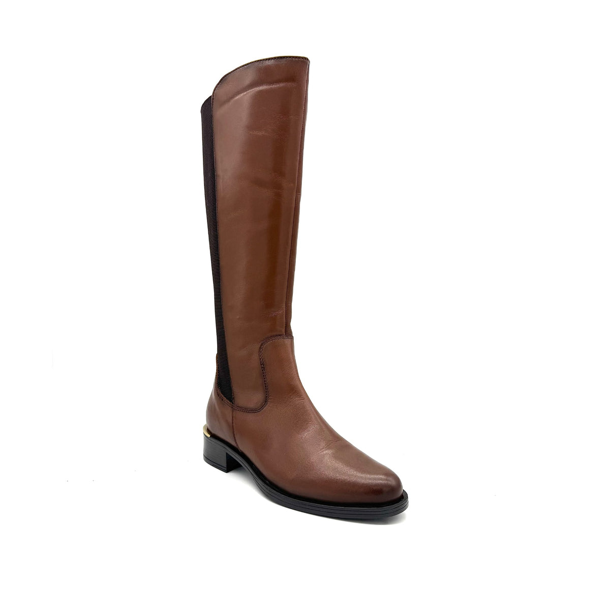 EXE Laura-2412 genuine leather knee-high riding boot in cognac with elastic back panel, angled view