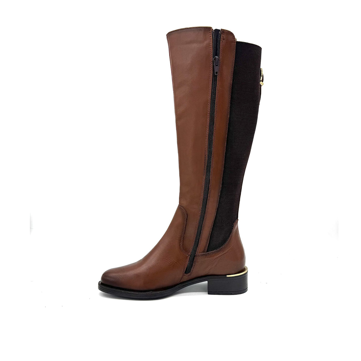 EXE Laura-2412 genuine leather knee-high riding boot in cognac with elastic back panel, inner side view with side zip