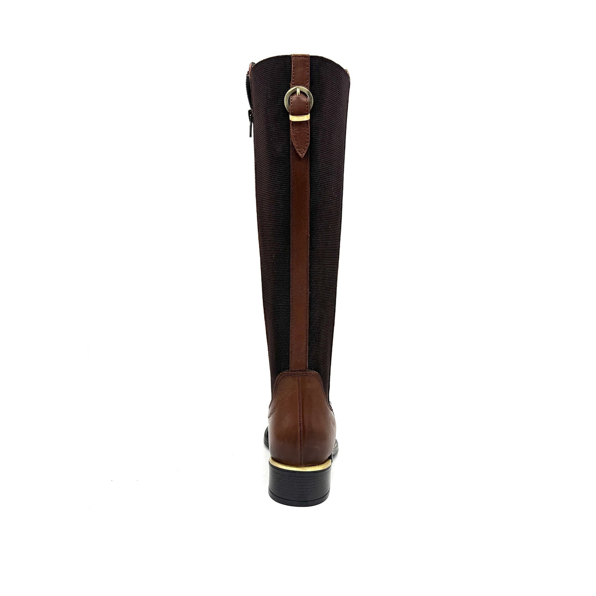 EXE Laura-2412 genuine leather knee-high riding boot in cognac with elastic back panel, rear view