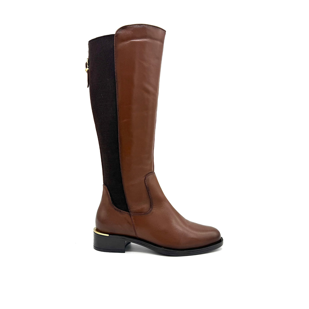 EXE Laura-2412 genuine leather knee-high riding boot in cognac with elastic back panel, side view
