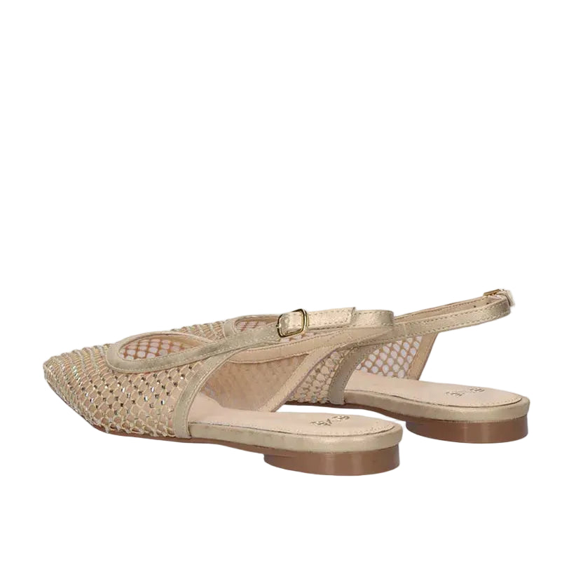 EXE Miami 222 beige rhinestone slingback flats for women with pointed toe and mesh upper