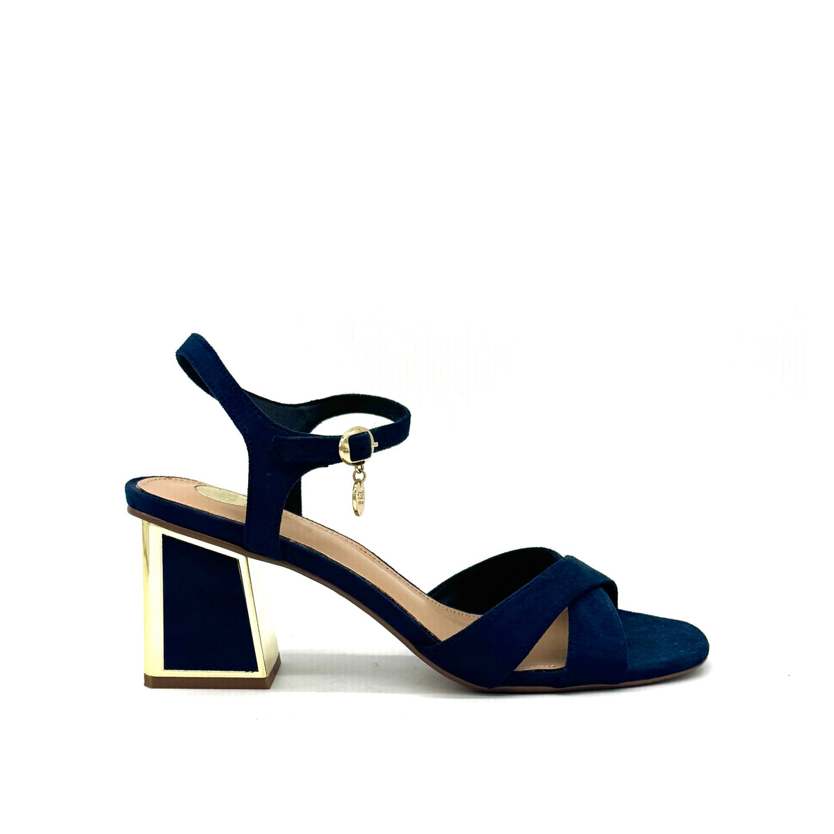 Navy: EXE Mina-190 cross-strap block heel sandal in navy with gold-mirrored heel and ankle strap charm detail, side view
