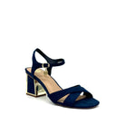 Navy: EXE Mina-190 cross-strap block heel sandal in navy with gold-mirrored heel and ankle strap charm detail, side view
