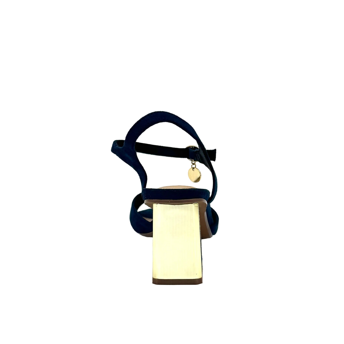 Navy: EXE Mina-190 cross-strap block heel sandal in navy with gold-mirrored heel and ankle strap charm detail, side view
