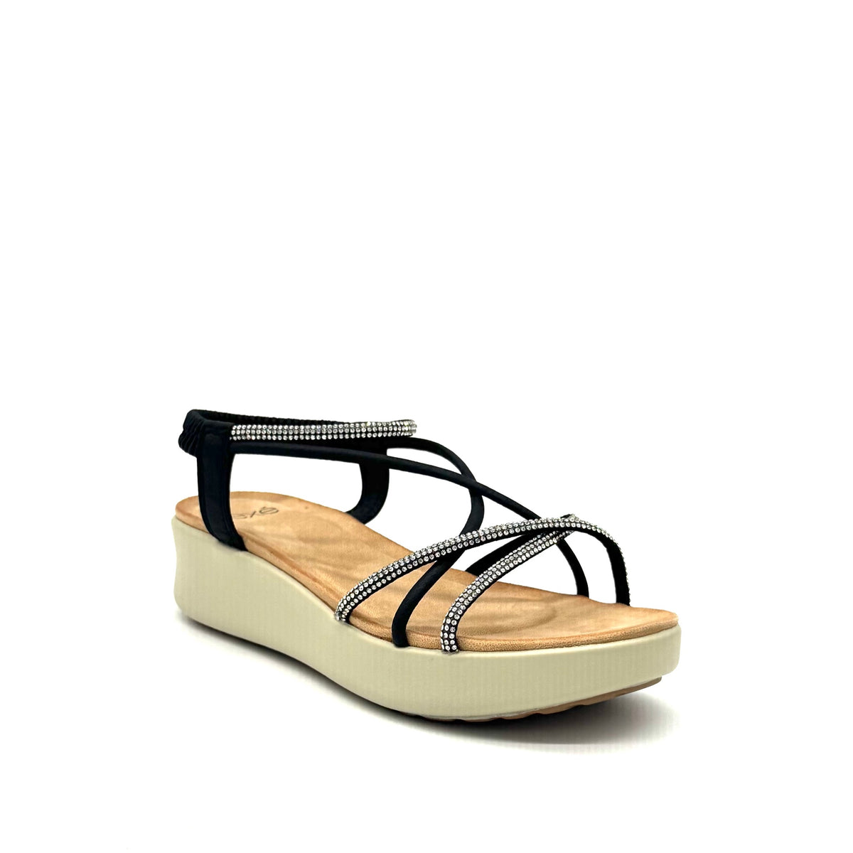 EXE Mira-H20 black/silver rhinestone strappy platform sandals for women with lightweight design and cushioned sole

