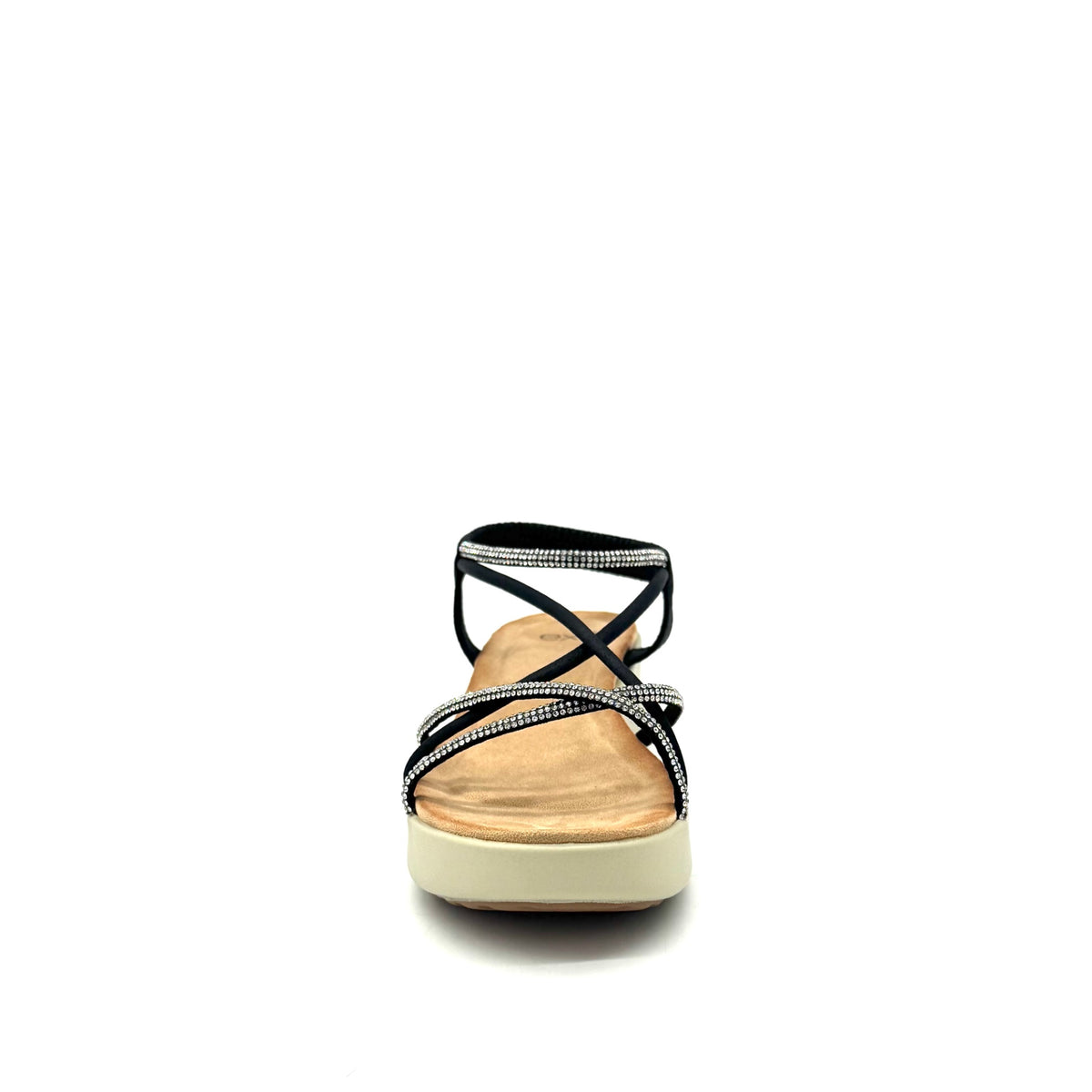 EXE Mira-H20 black/silver rhinestone strappy platform sandals for women with lightweight design and cushioned sole
