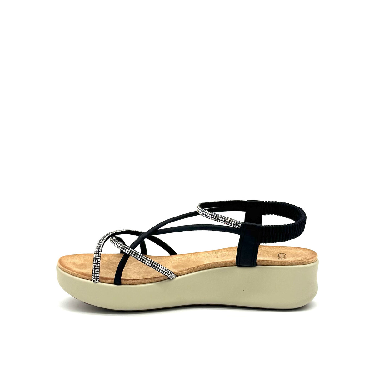 EXE Mira-H20 black/silver rhinestone strappy platform sandals for women with lightweight design and cushioned sole
