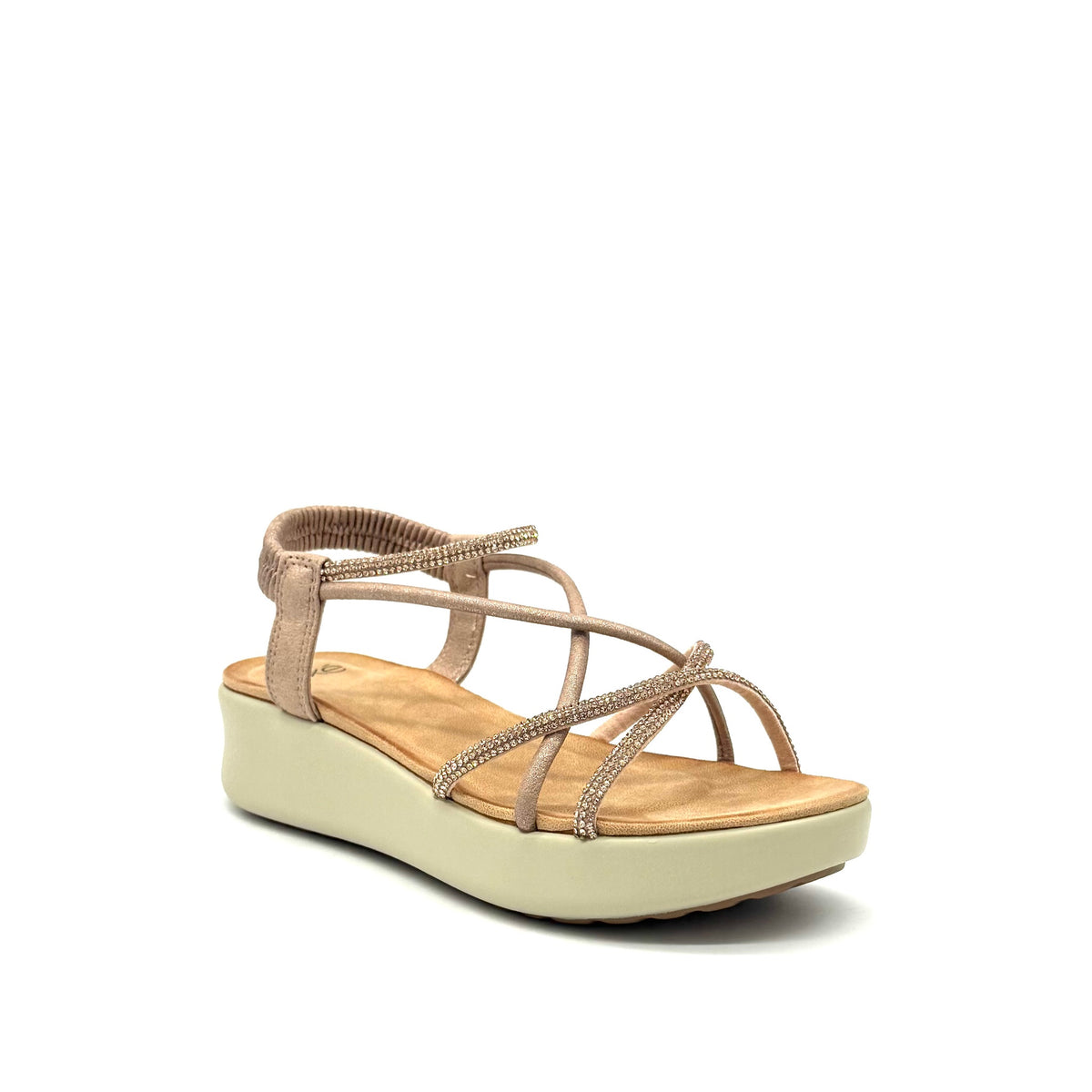 EXE Mira-H20 rose gold rhinestone strappy platform sandals for women with lightweight design and cushioned sole
