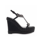 Black: EXE Nadia-445 rhinestone flower T-strap espadrille wedge sandal in black with braided rope wedge and ankle buckle strap