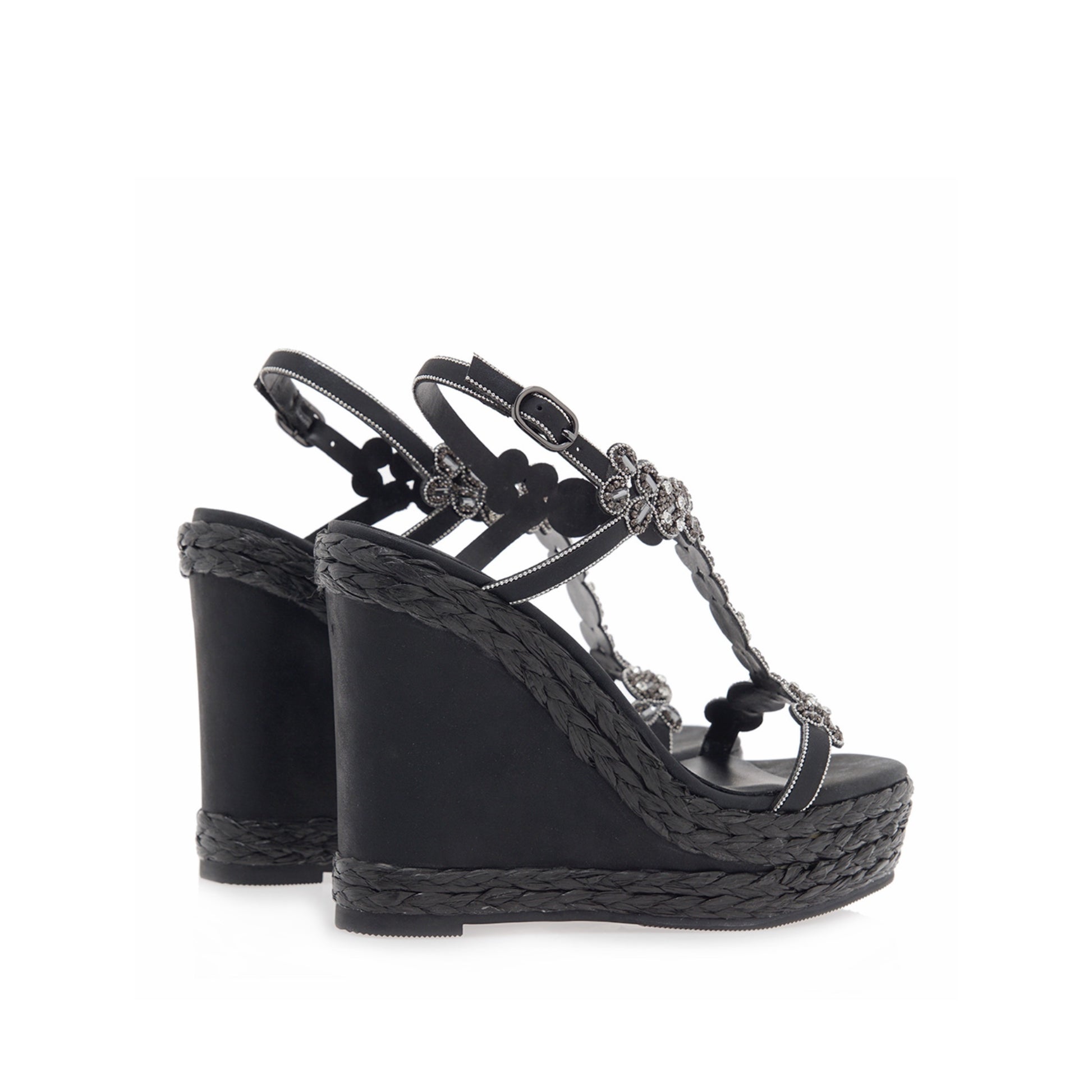 Black: EXE Nadia-445 rhinestone flower T-strap espadrille wedge sandal in black with braided rope wedge and ankle buckle strap