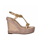 Champagne: EXE Nadia-445 rhinestone flower T-strap espadrille wedge sandal in champagne with braided rope wedge and ankle buckle strap