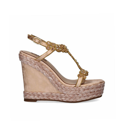 Champagne: EXE Nadia-445 rhinestone flower T-strap espadrille wedge sandal in champagne with braided rope wedge and ankle buckle strap