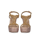 Champagne: EXE Nadia-445 rhinestone flower T-strap espadrille wedge sandal in champagne with braided rope wedge and ankle buckle strap