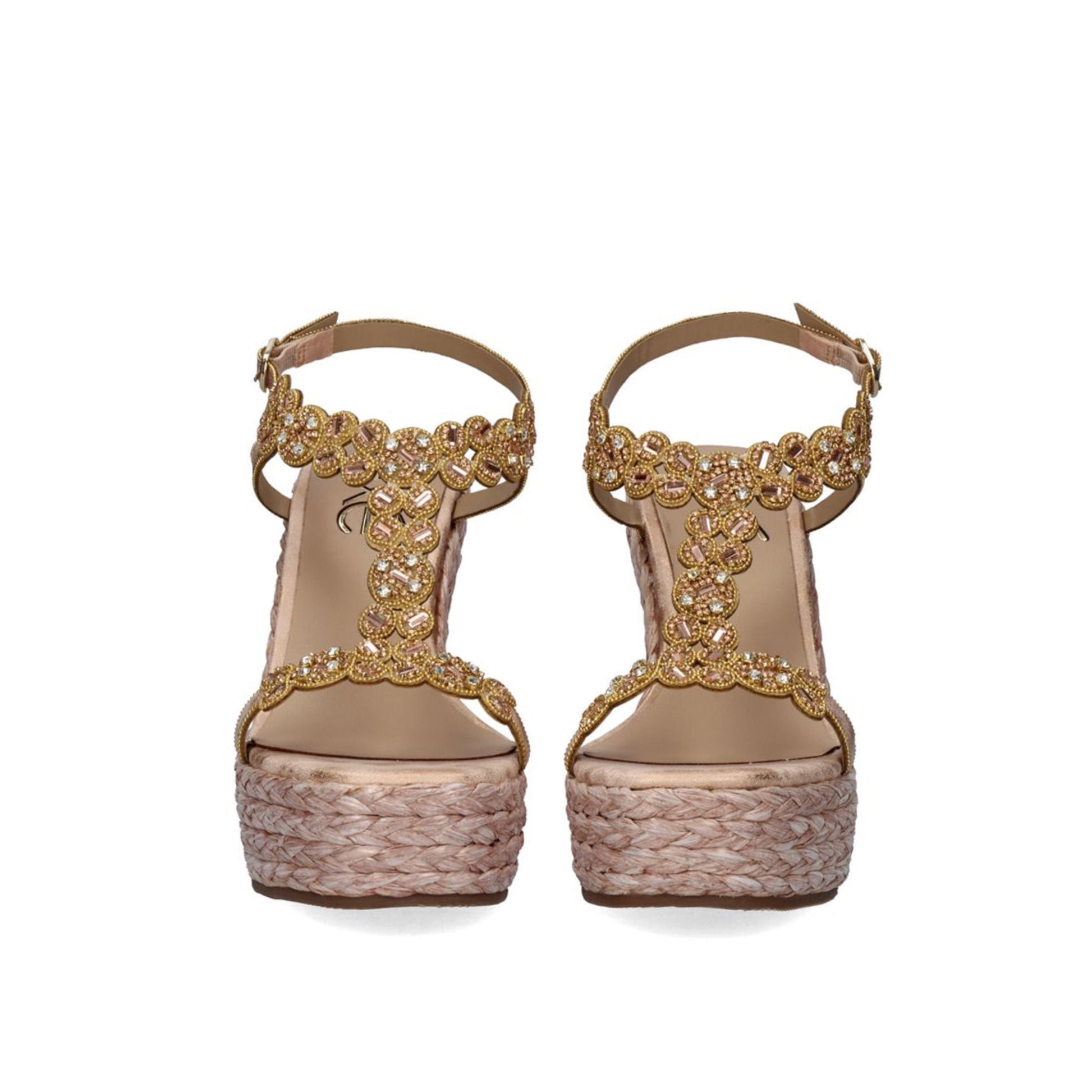 Champagne: EXE Nadia-445 rhinestone flower T-strap espadrille wedge sandal in champagne with braided rope wedge and ankle buckle strap