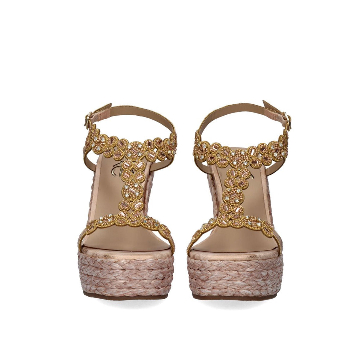 Champagne: EXE Nadia-445 rhinestone flower T-strap espadrille wedge sandal in champagne with braided rope wedge and ankle buckle strap