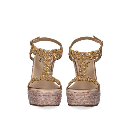Champagne: EXE Nadia-445 rhinestone flower T-strap espadrille wedge sandal in champagne with braided rope wedge and ankle buckle strap